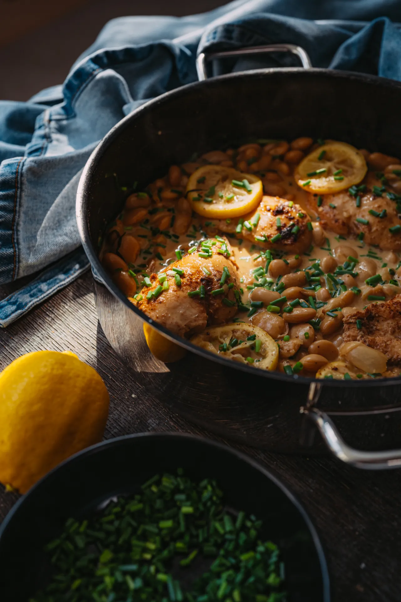 Ēdiena Fotogrāfija — A close-up food photograph shows a black pan filled with chicken thighs, white beans, lemon slices, and chopped chives in a creamy sauce, with a whole lemon and a bowl of chives nearby on a dark wooden surface beside denim fabric.