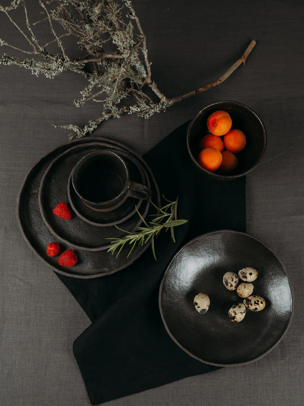 Overhead still life of dark ceramic tableware on a black cloth, including stacked plates with a mug and raspberries, a bowl of apricots, and a plate of speckled quail eggs, accented by rosemary and dried branches under soft, moody lighting.